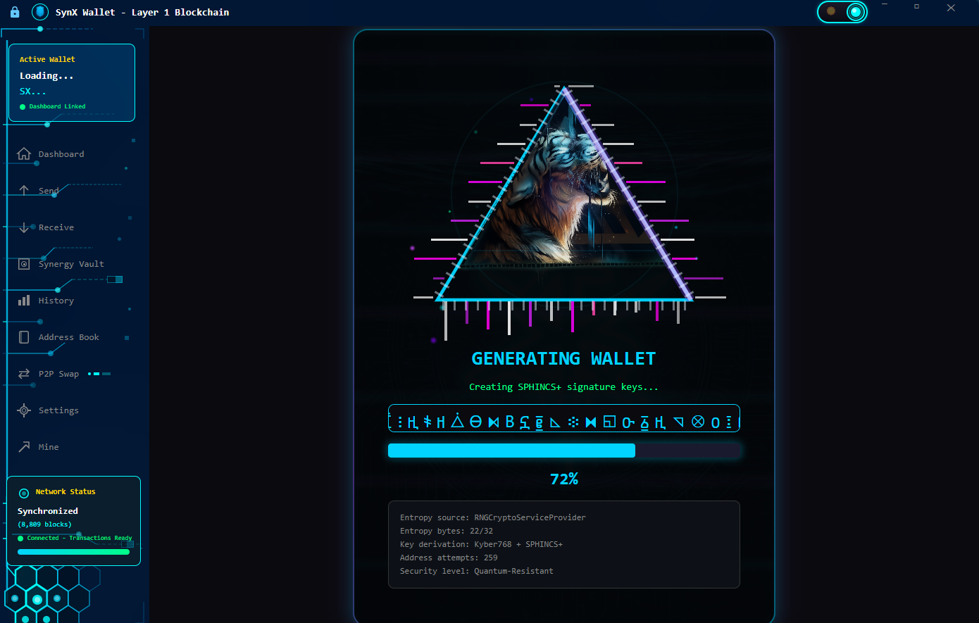 SynX wallet 25-word quantum-safe recovery phrase screen