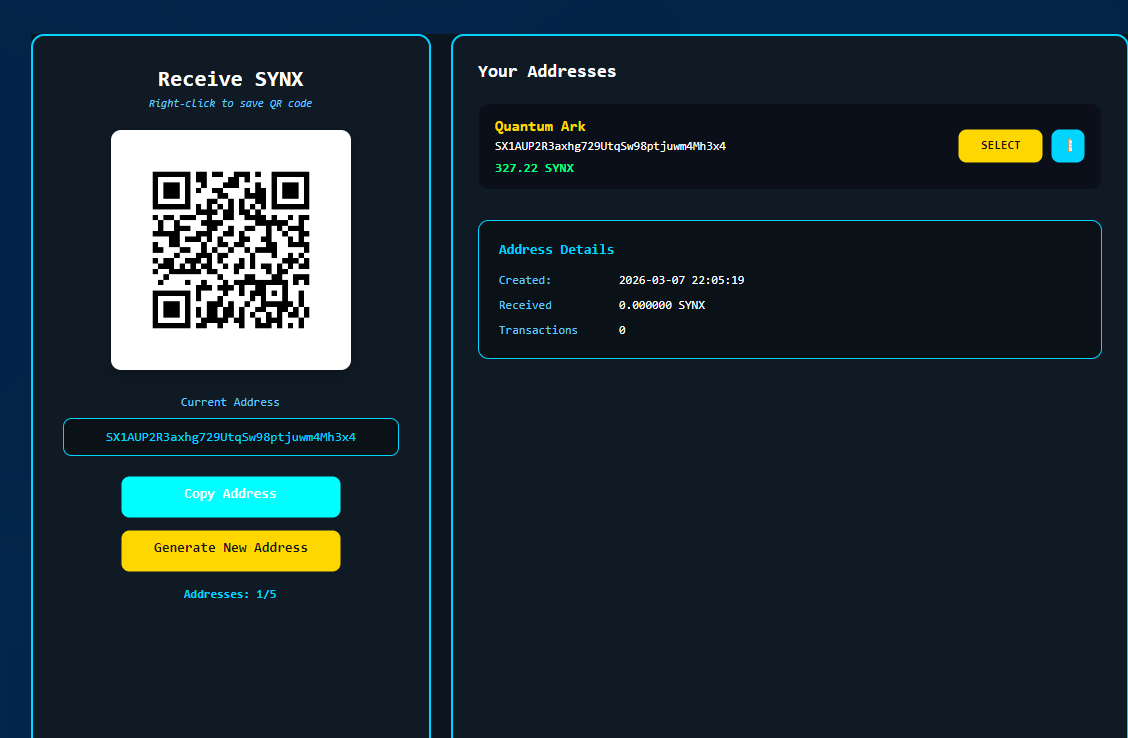 SynX wallet receive screen showing QR code and wallet address